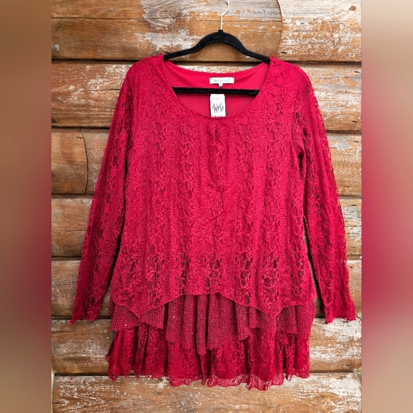 indigo soul Tops - Indigo Soul Burgundy Wine Lace Sequin Flowy Tiered Layered Ruffle Longsleeve Top